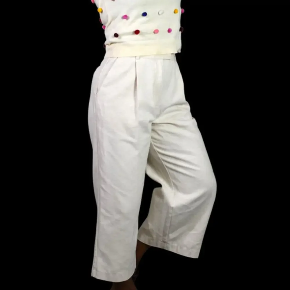 Zara Wide Leg Crop Pants Beige Linen Trouser Pleat Front High Waist Cotton Small